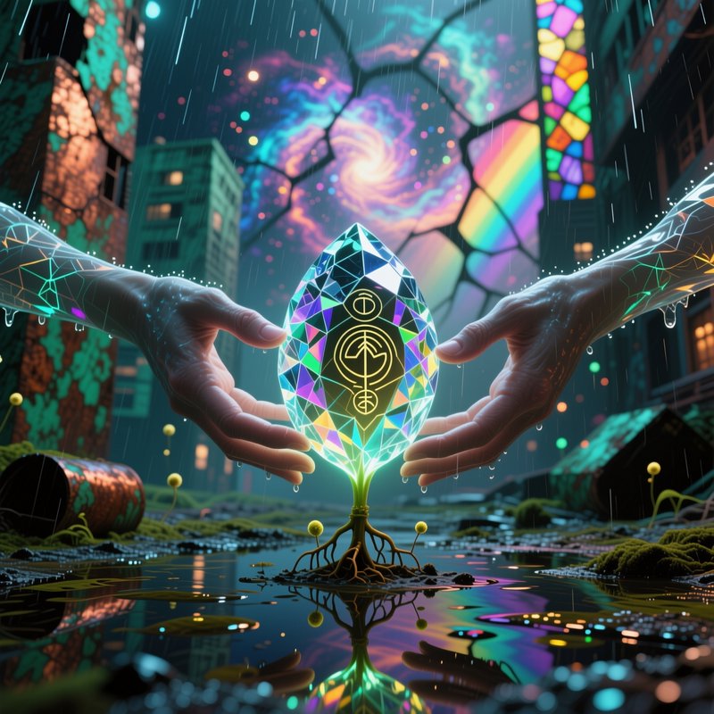 Glowing multifaceted crystal seed cradled by two holographic hands in a neon futuristic cityscape.