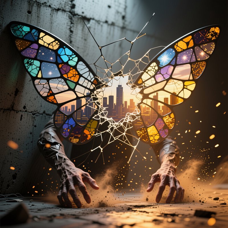Colorful stained-glass butterfly cracking open to reveal a city skyline behind, with hands reaching through debris.