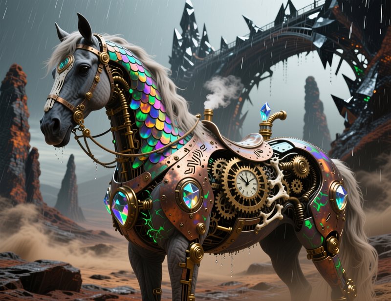 Intricately designed steampunk horse with colorful scales, gears, and steam in a rain-soaked ruined landscape.