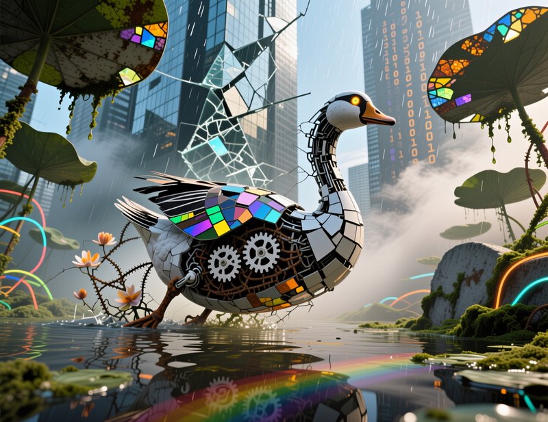 Colorful mosaic-robotic swan in a rain-soaked futuristic cityscape with gears and glass tiles