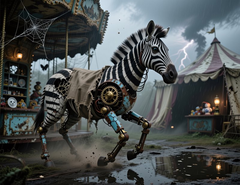 Steampunk zebra robot with torn cloth in a rainy carnival scene.