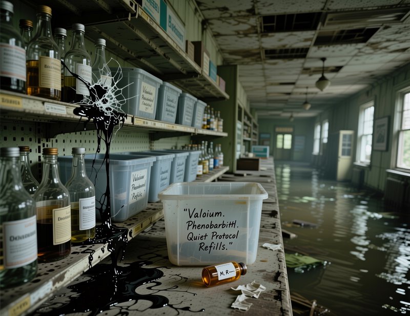 Abandoned laboratory shelf with spilled black liquid and labeled medication bottles amid floodwater.
