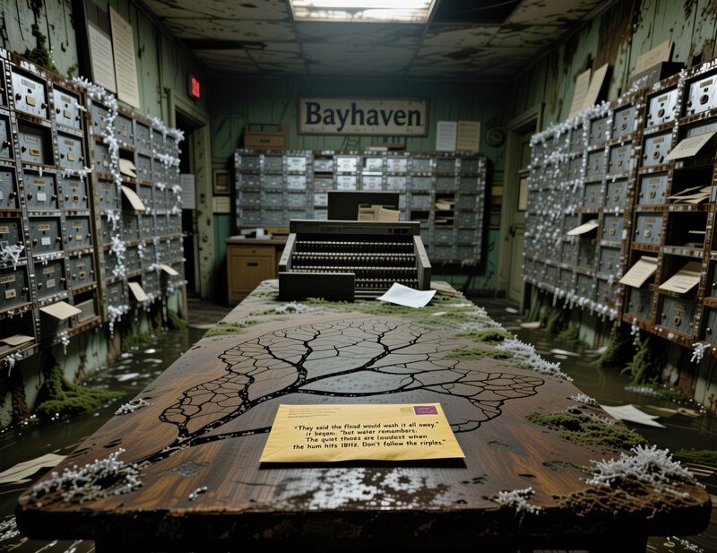 Dim vault room filled with rows of metal safes, a mossy cracked table centerpiece, and a vintage typewriter in the