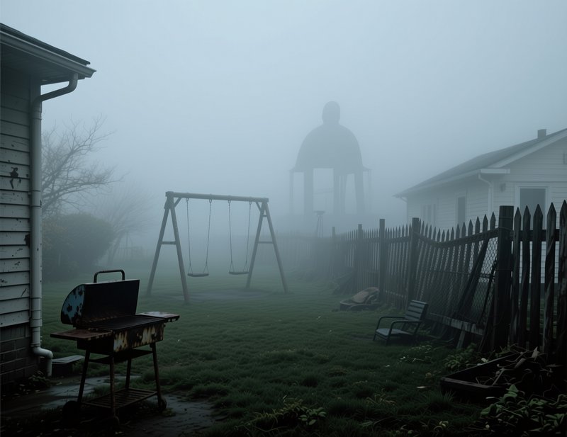 Foggy backyard with a rusty grill, swing set, and a ghostly silhouette in the mist.