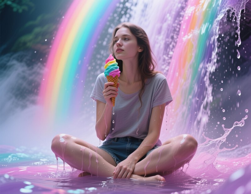 Young woman sits cross-legged in pink water beneath a rainbow waterfall, holding a colorful ice cream cone.