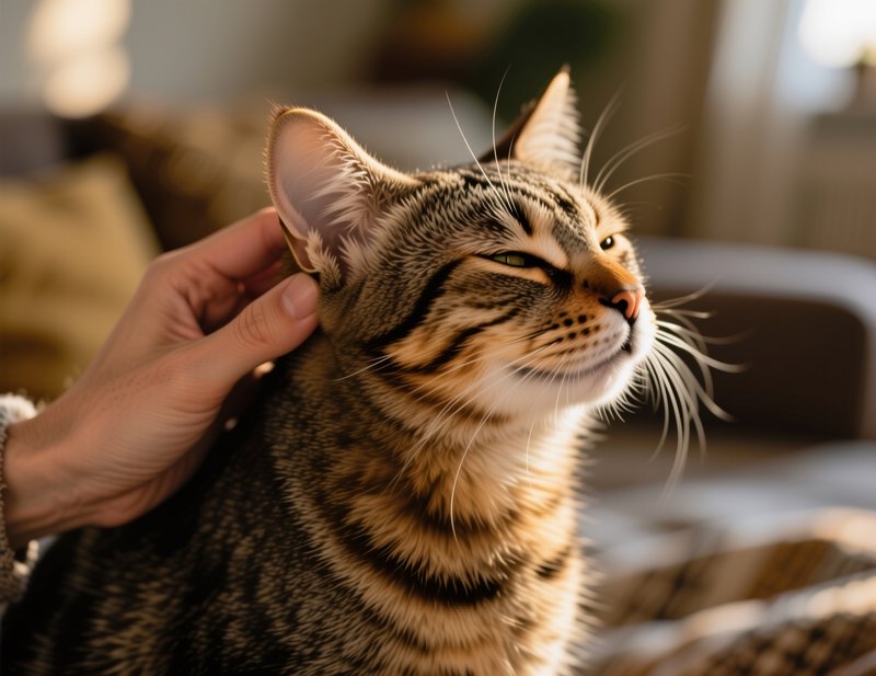 Close-up of a tabby cat enjoying a gentle head rub indoors