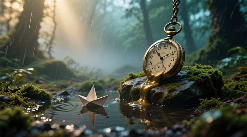 Melting pocket watch resting on a mossy rock beside a tiny paper boat in a rain-soaked forest stream.