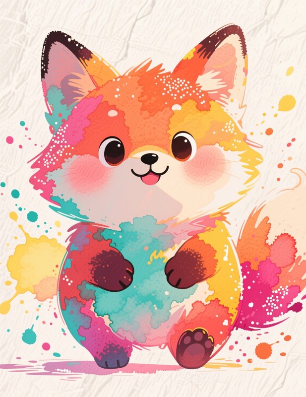 Colorful watercolor-style cute fox illustration with splashes and big eyes.