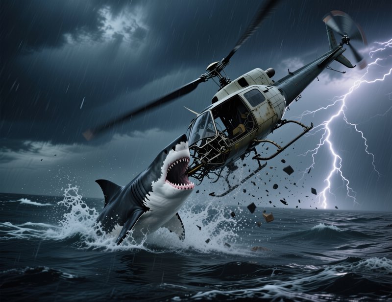 Great white shark attacks a helicopter amid stormy seas with lightning in the background