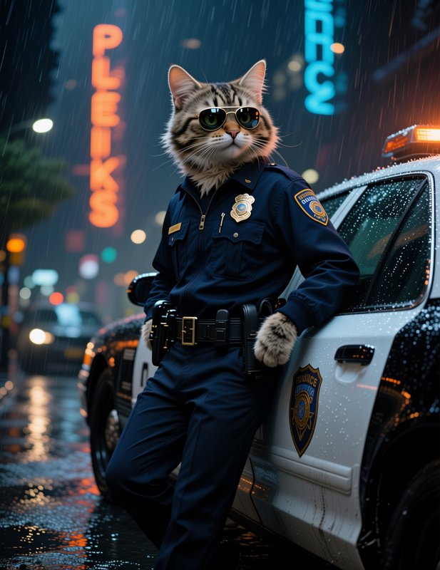 Cat dressed as a police officer leaning against a police car in the rain at night with neon signs