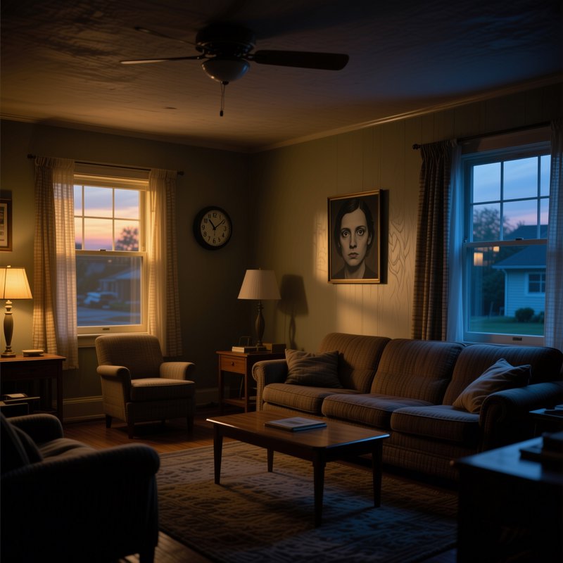 Cozy living room at dusk with sofa, armchairs, coffee table, lamps, and a portrait on the wall.