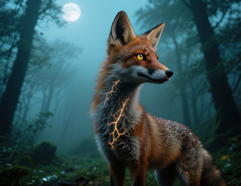 A glowing, lightning-marked fox in a misty moonlit forest.