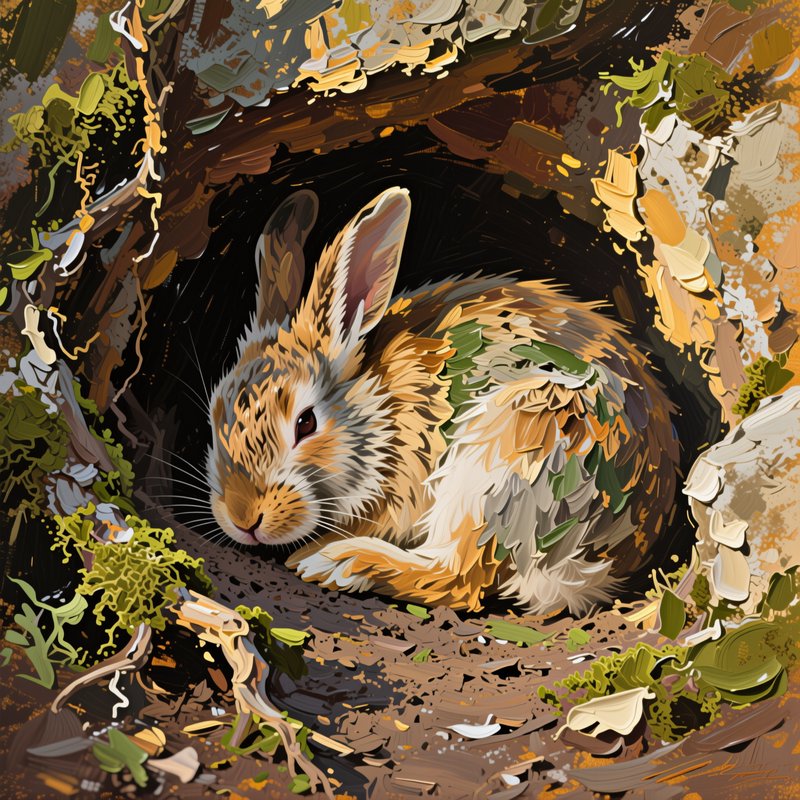 Colorful illustrated rabbit resting in a burrow tunnel with earthy tones