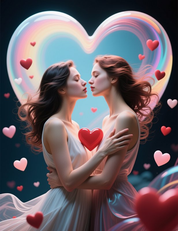 Two women embracing and kissing in front of a glowing heart with floating pink hearts.