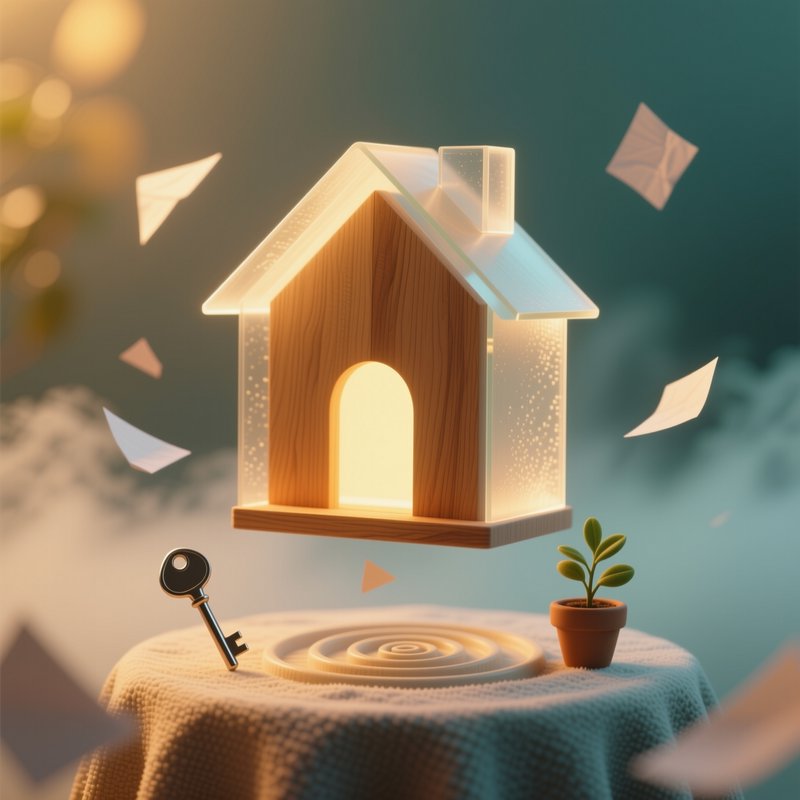 Floating wooden house model with glowing translucent panels above a table, with a key and a potted plant nearby.