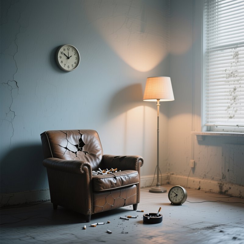 A cracked blue wall with a worn brown leather armchair, scattered cigarette butts, a floor lamp, and two clocks in a