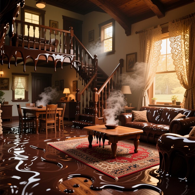 Cozy traditional living room flooded with glossy chocolate-like liquid overflowing from tables and stairs.