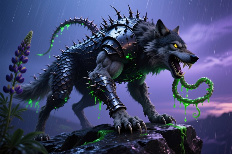 Armored, snarling wolf-like creature with spiked armor on a rocky outcrop in a stormy, neon-green slime battlefield.