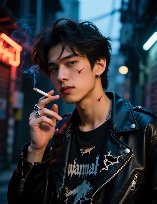 Young man in a black leather jacket smoking a cigarette in a neon-lit alley with neck scars.