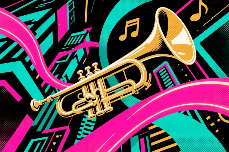 Vibrant neon trumpet illustration with pink and turquoise ribbons and music notes.