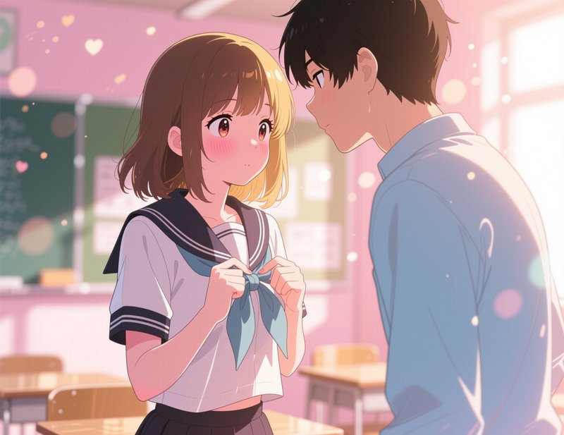 Anime-style high school girl and boy sharing a shy, blush-filled moment in a classroom.