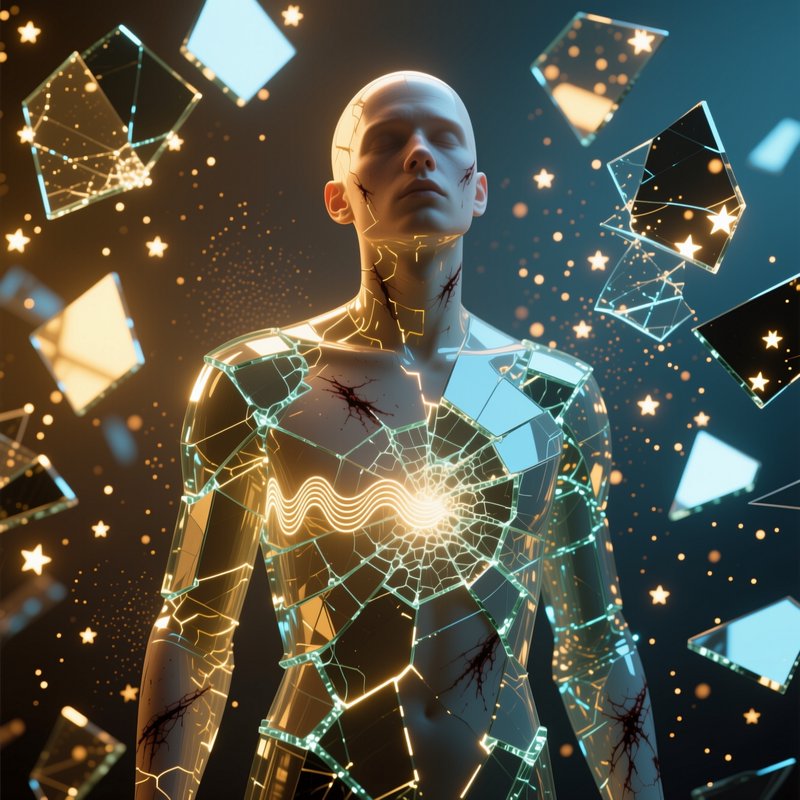 Futuristic humanoid with cracked glass skin and a glowing energy core among floating geometric shards.