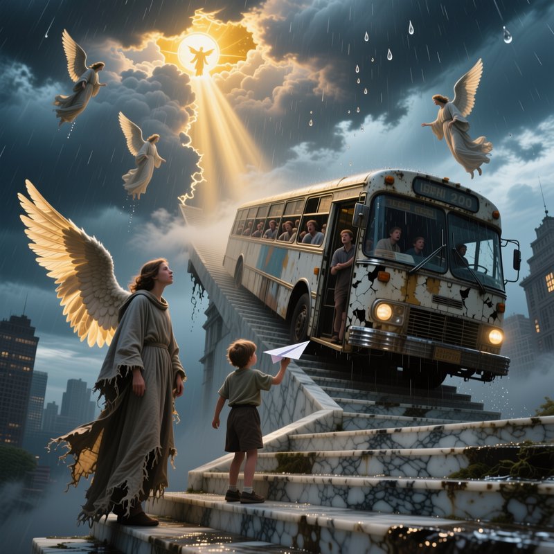 Angels guide a bus suspended on marble stairs toward a radiant heavenly beam.