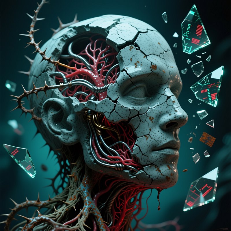 Surreal cracked human skull with exposed red nerves and metallic tendrils, surrounded by floating glass shards.