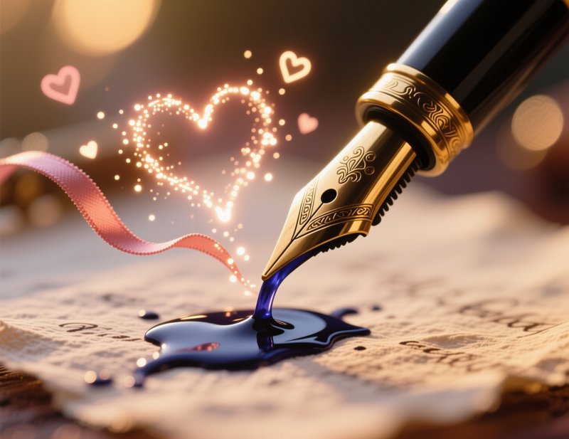 Golden fountain pen nib writing blue ink on parchment with glowing heart doodles