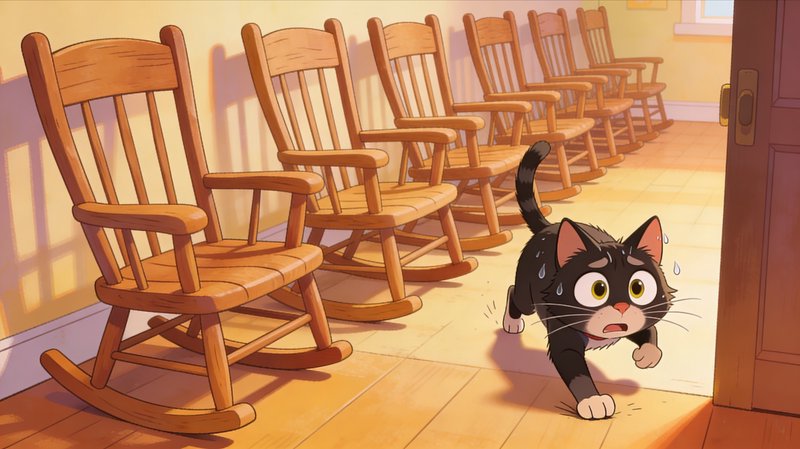 Cartoon black cat with white paws running down a sunlit hallway lined with wooden rocking chairs, looking frightened.