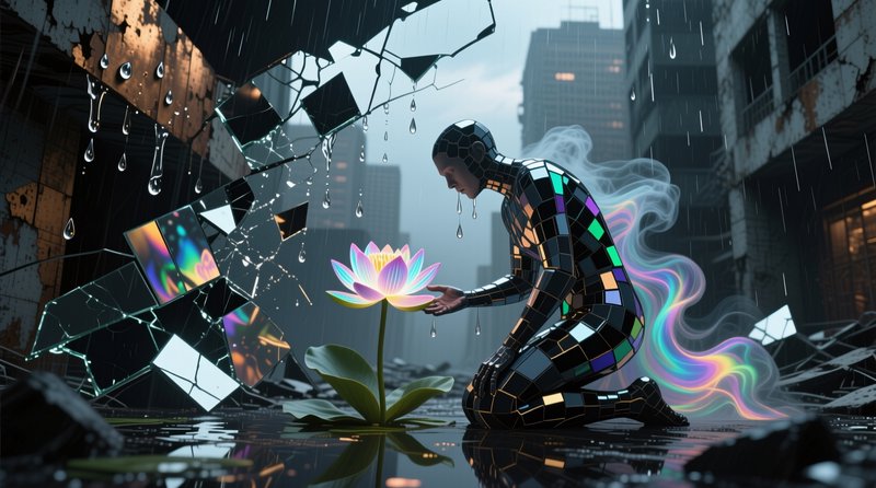 Person in a reflective mosaic suit kneels to water a lotus amid rain and shattered glass in a neon city.