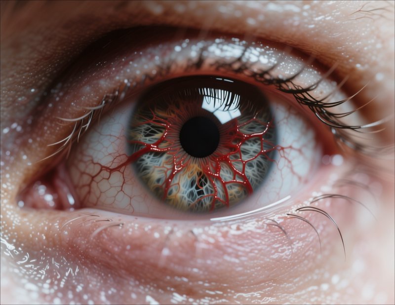 Close-up macro of a human eye showing intricate iris, red veins, and detailed lashes.