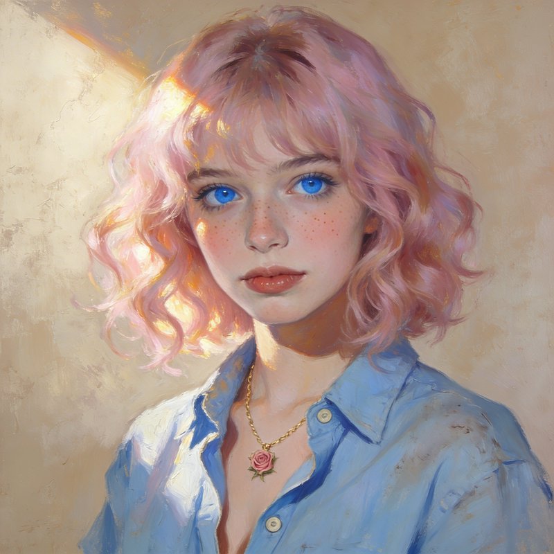 Painted portrait of a young woman with pink wavy hair, blue eyes, and a rose pendant necklace.