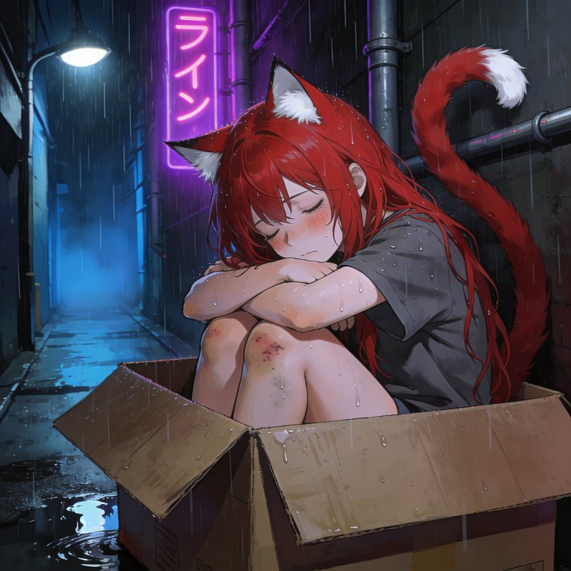 Anime-style red-haired girl with cat ears and tail sitting in a cardboard box in a rainy neon-lit alley.