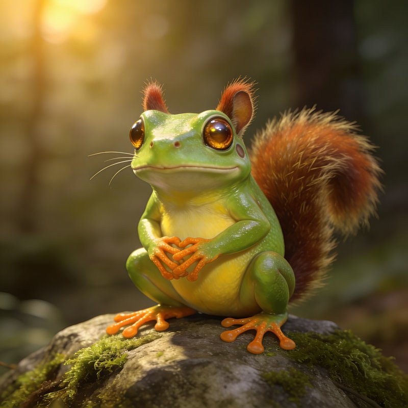 Colorful green tree frog with orange eyes and a fluffy red tail perched on a mossy rock.