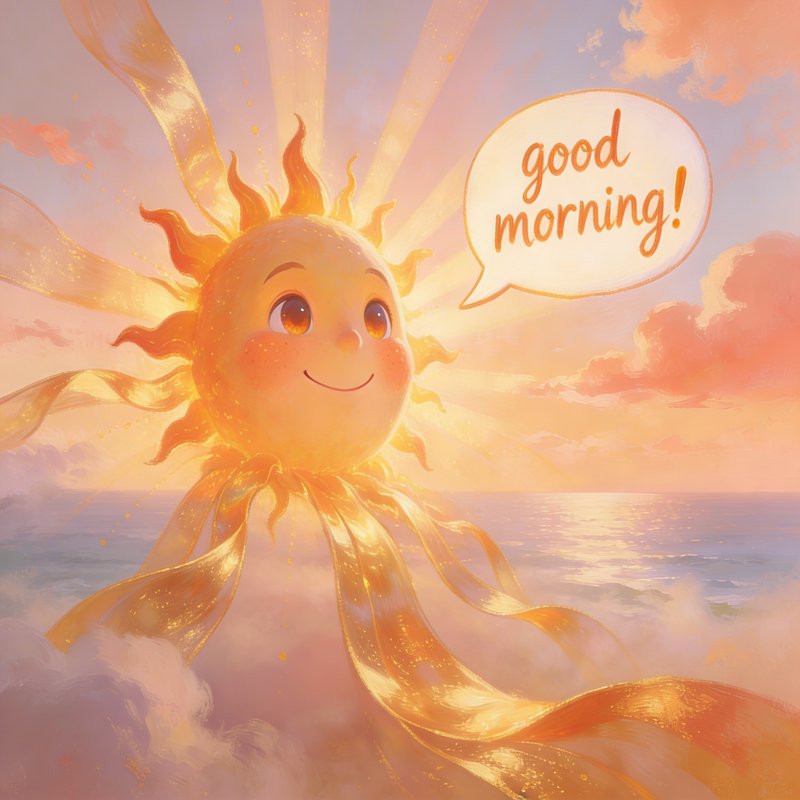 Cheerful smiling sun with golden ribbons in a pastel sunrise over the sea, saying “good morning!”