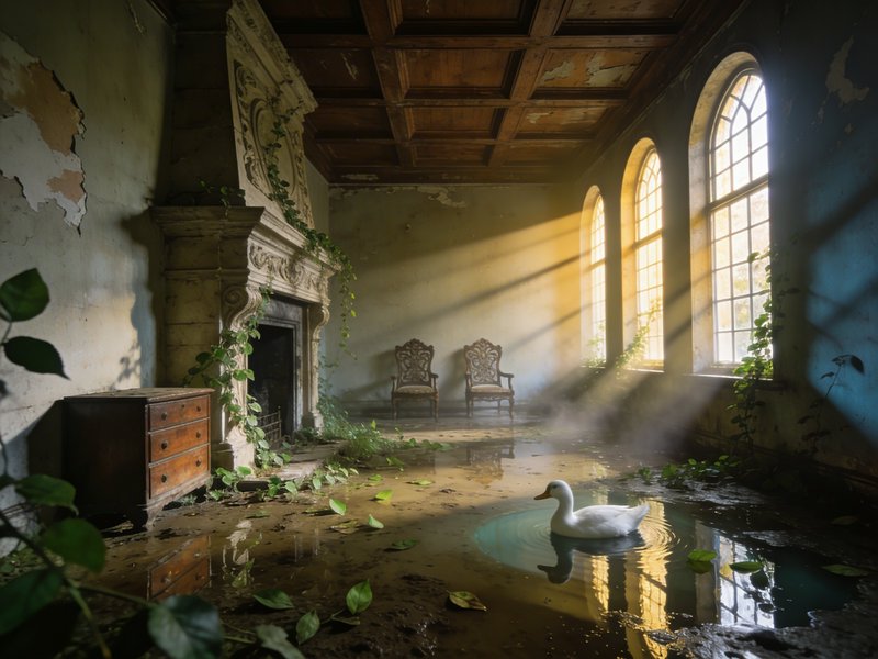 Sunlit ruined room with a swan in a puddle, ornate fireplace, vines, and two antique chairs