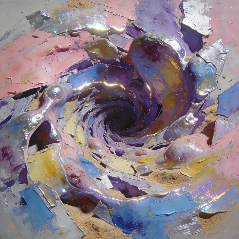 Thickly painted abstract swirl vortex in pastel colors with textured fragments.