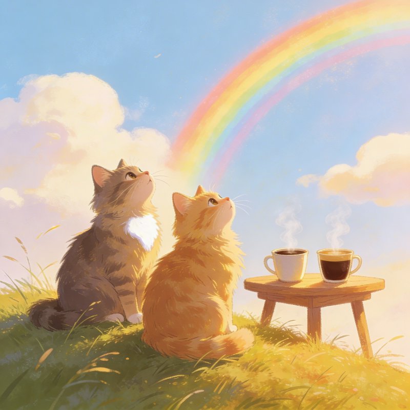 Two cats sit on a sunlit hilltop admiring a rainbow with steaming coffee cups on a small wooden table.