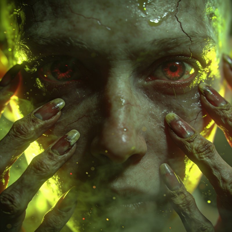 Close-up of a pale face with cracked skin, yellow-green glow, and red eyes, framed by pale claw-like hands.