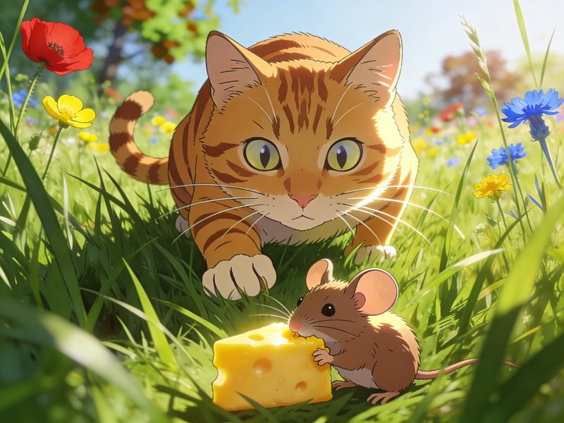 Orange tabby cat crouched in grass with a small mouse and cheese in a sunny meadow