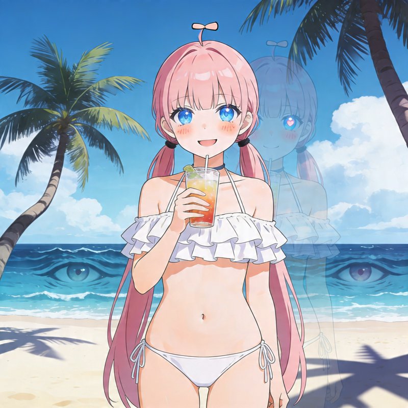 Anime girl with pink hair in a white bikini sipping a drink on a tropical beach, reflection visible in the water.