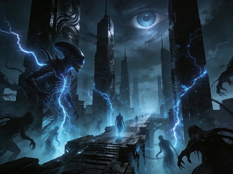 Dark sci-fi city with towering spires, neon-blue lightning, and alien figures on a crumbling walkway under a giant eye.