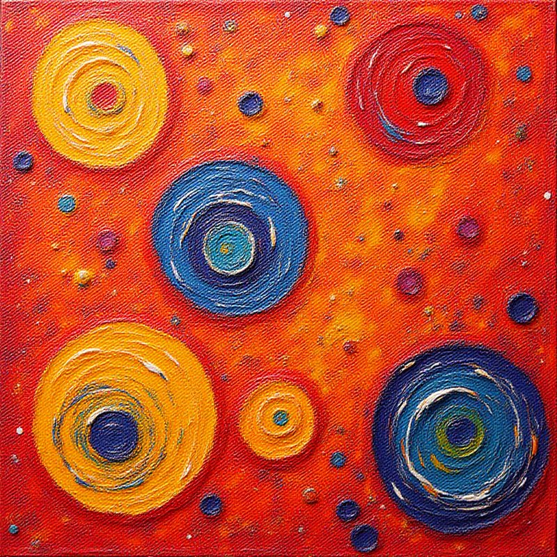 Abstract circular orbs on a fiery orange-red background with layered yellow, blue, and red rings.