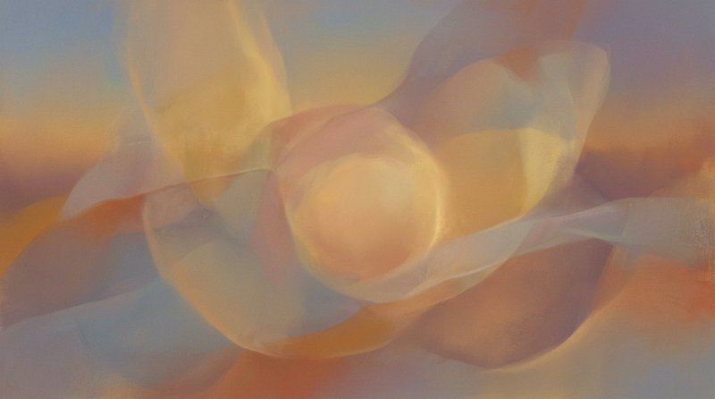 Soft pastel abstract painting with swirling translucent shapes and a glowing central circle.