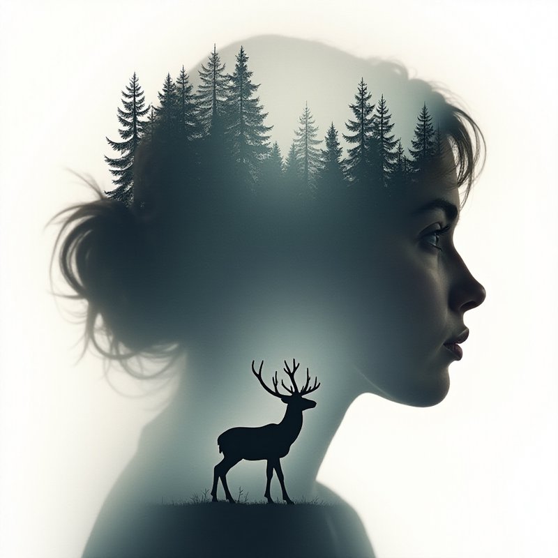 Double exposure silhouette of a woman with a forest canopy and a deer inside.