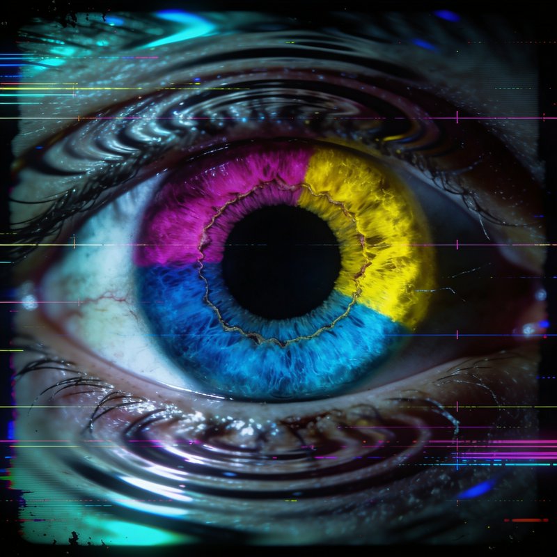 Close-up of a rainbow-colored human eye with digital glitch effects and swirling patterns.