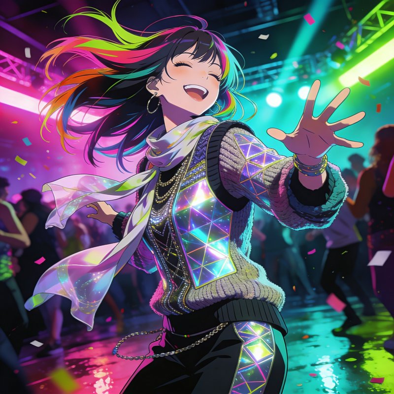 Joyful anime girl with rainbow hair dancing in a neon nightclub with confetti.