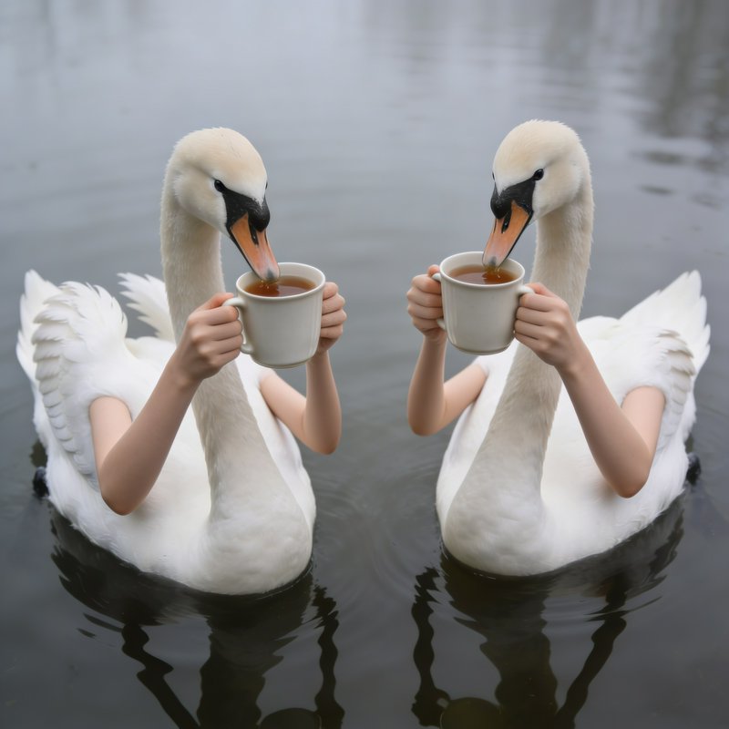 Two white swans in water hold cups and sip tea together.