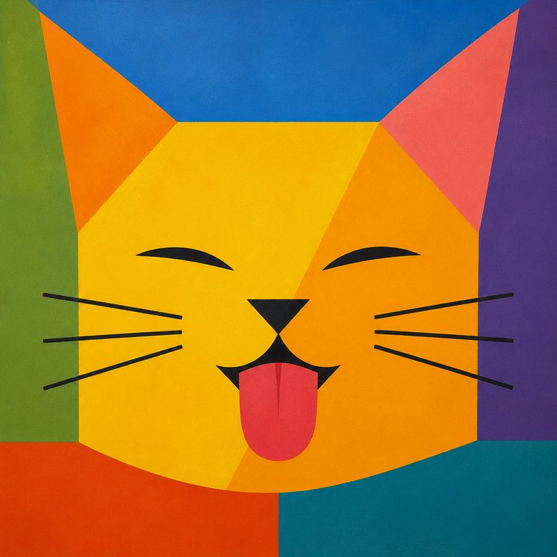 Colorful geometric cat illustration with a yellow face, rainbow blocks, and a pink tongue.